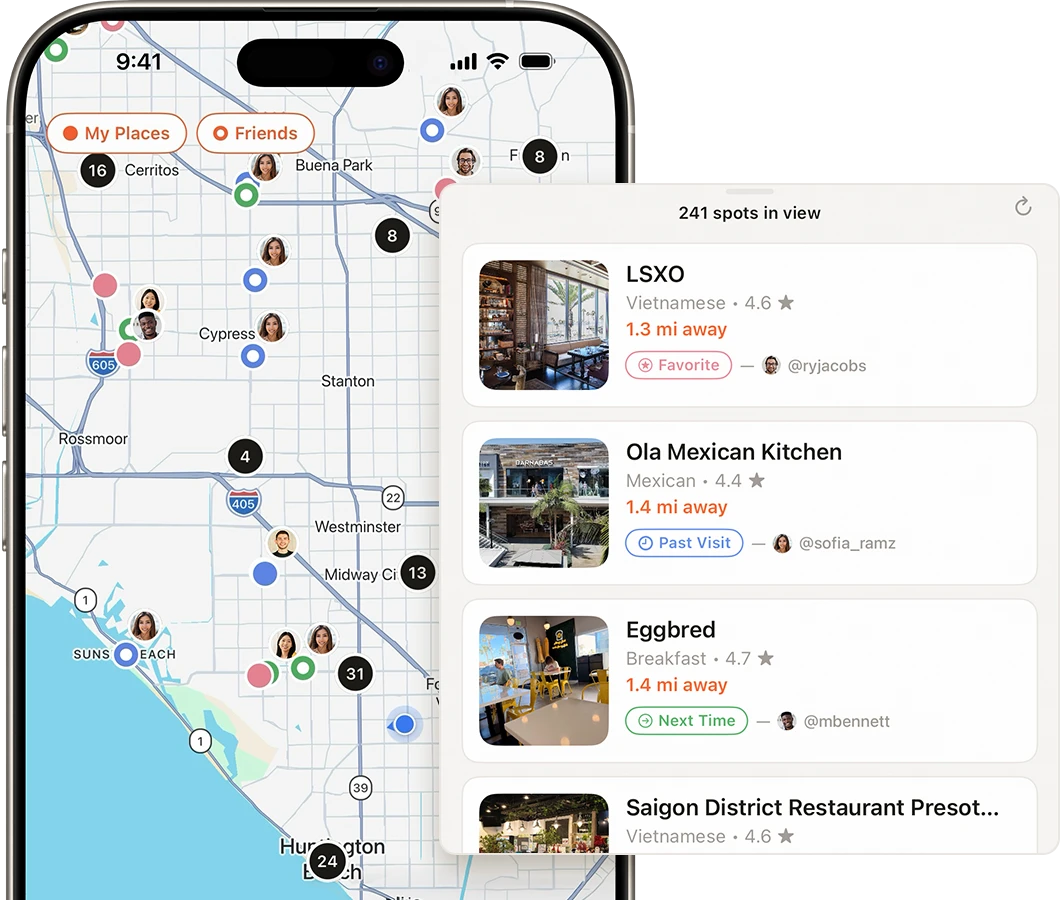 The Next Time map showing your noted spots and friends' spots as colored pins